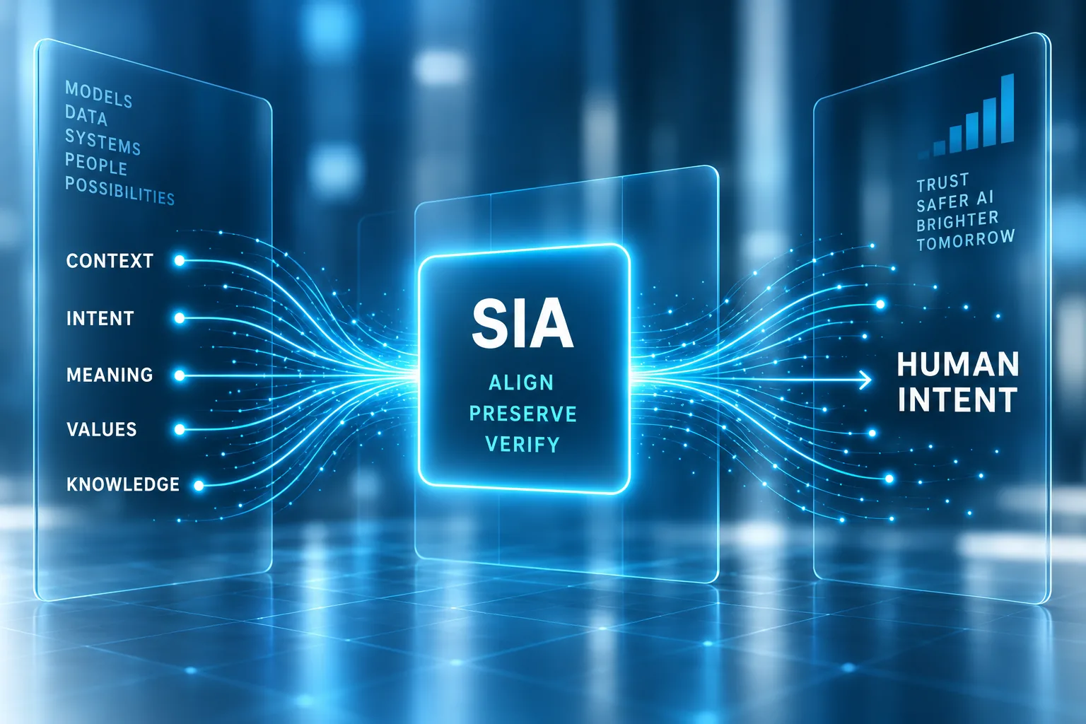A conceptual view of SIA sitting between semantic inputs and human intent, aligning, preserving, and verifying AI behavior.